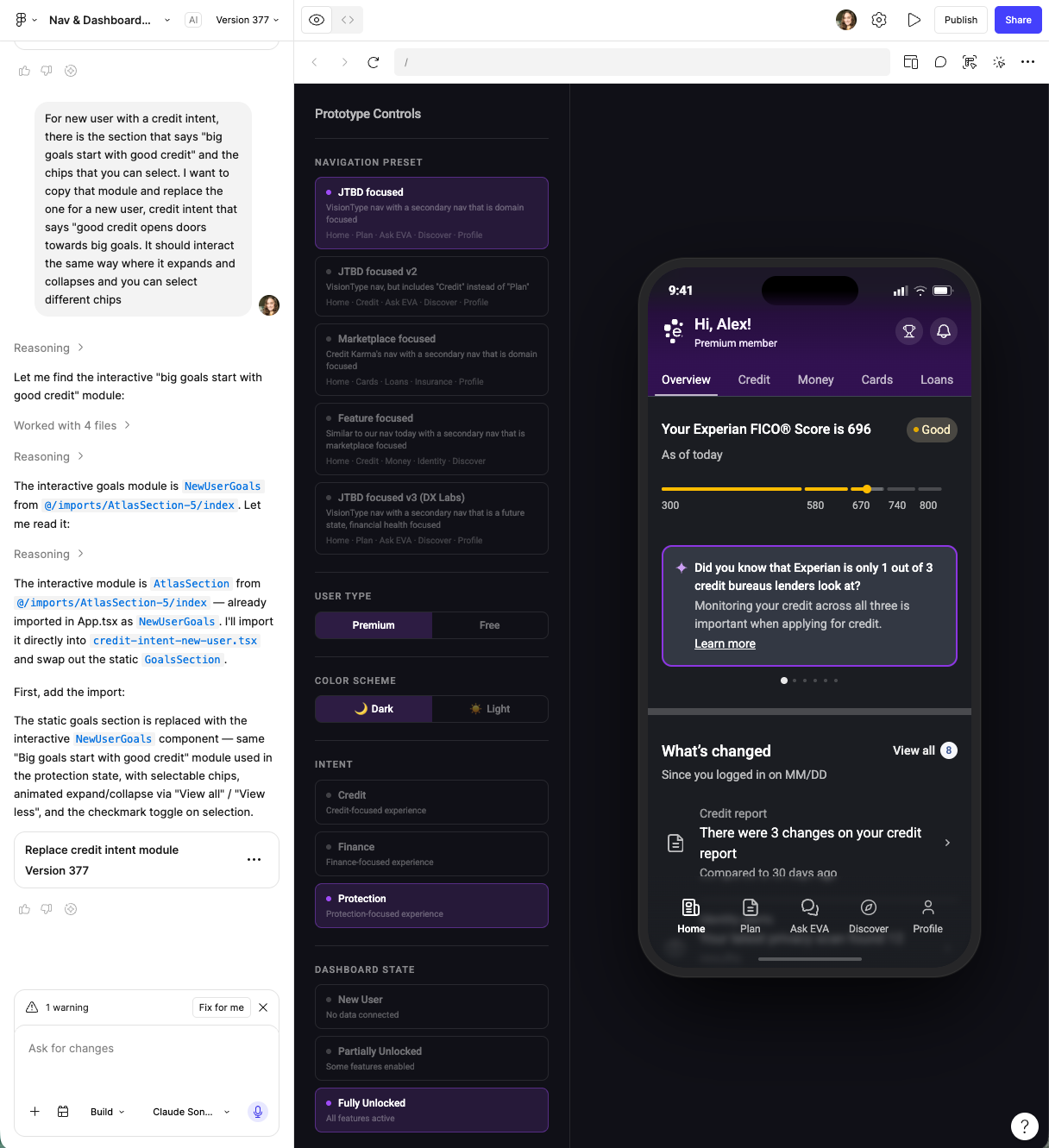 Interactive prototype controls showing navigation presets, user type, color scheme, intent, and dashboard state alongside a mobile dashboard preview