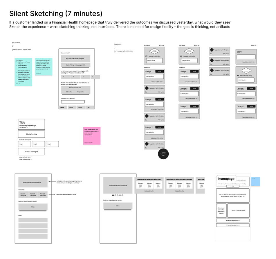 Silent sketching exercise exploring homepage concepts