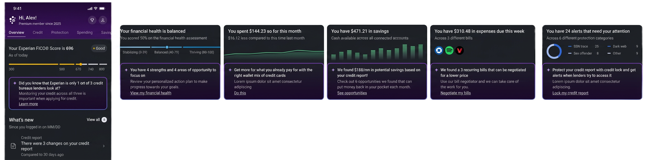 Concept dashboard showing a personalized financial snapshot with score, financial health, spending, savings, bills, and alerts cards